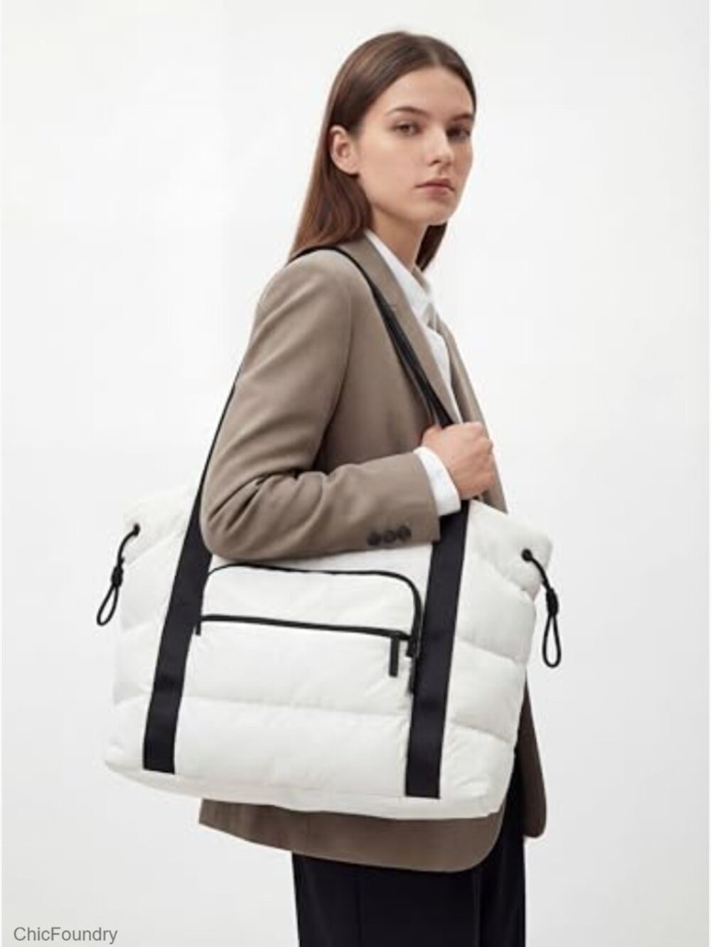 Quilted Puffer Tote Bag, Lightweight Shoulder Bag with Pockets - Picture 2 of 7
